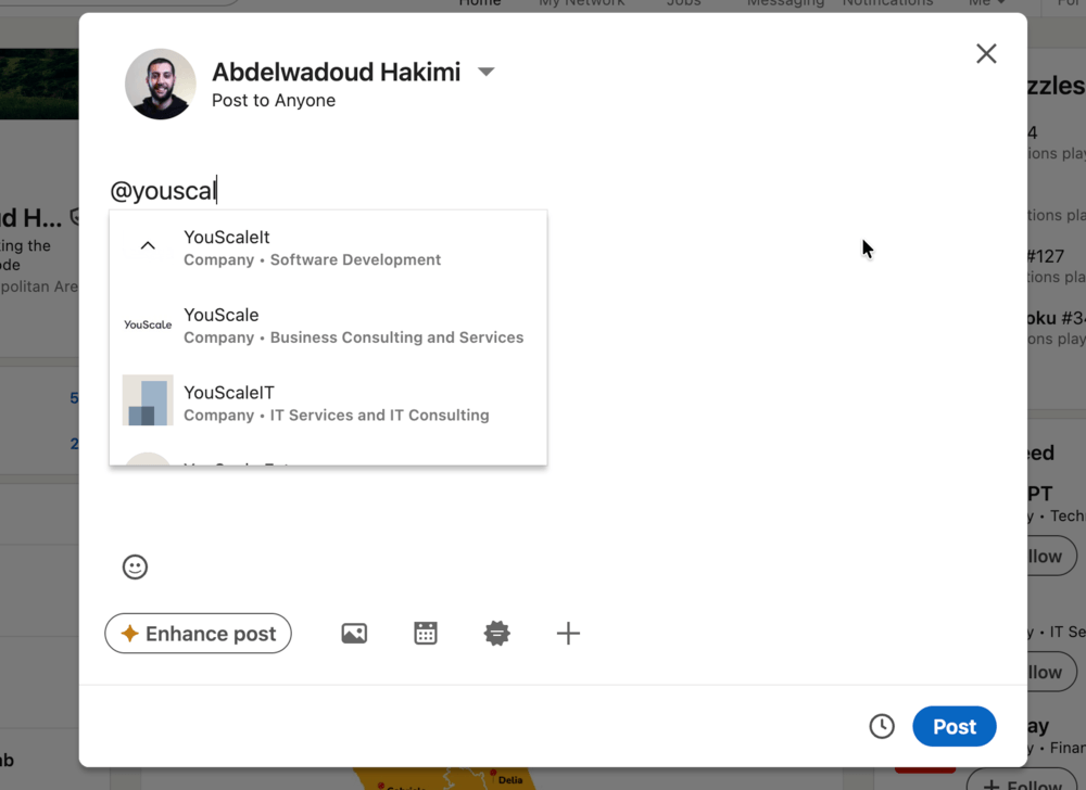 LinkedIn @ mention list showing suggestions
